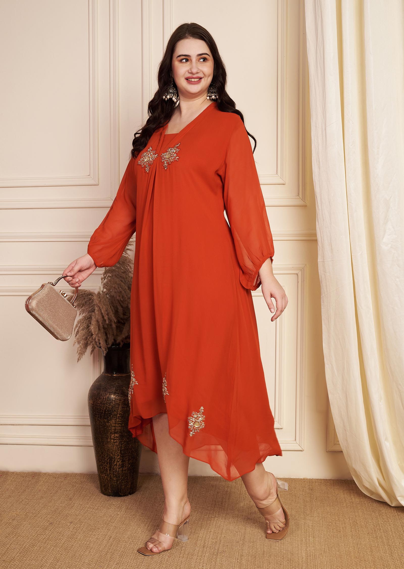 Rust Georgette Midi Dress