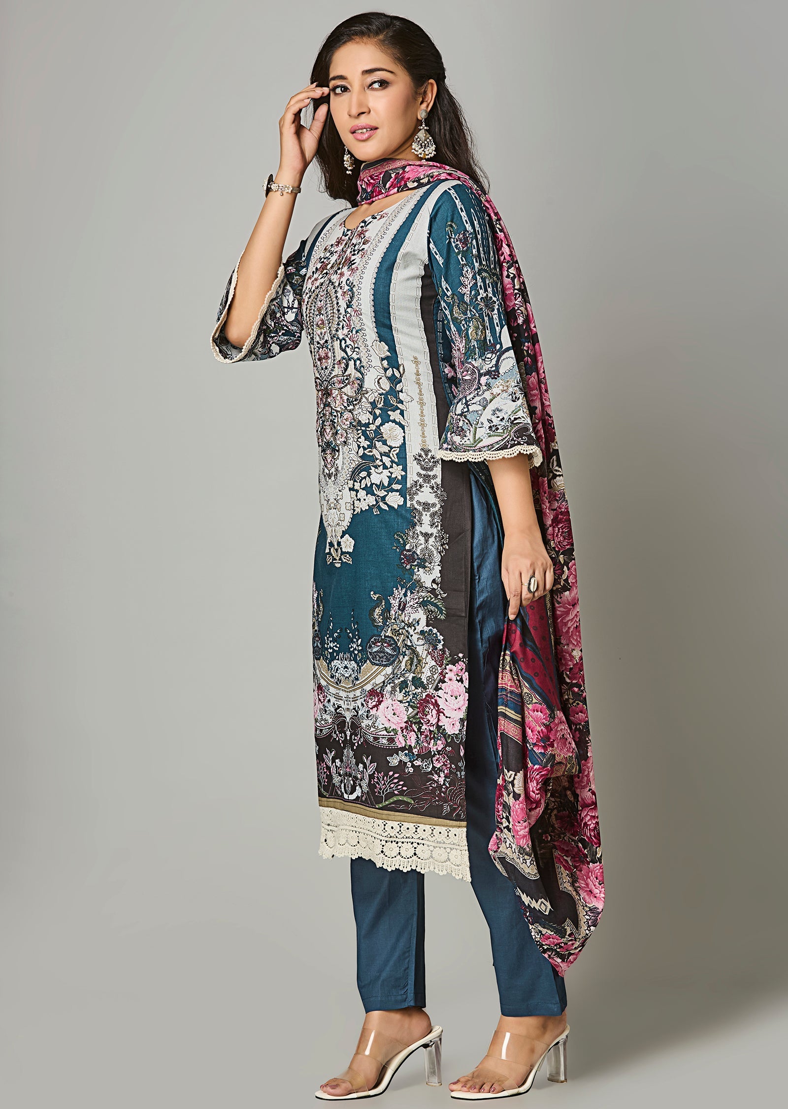 Teal Blue Cotton Straight Cut Suit