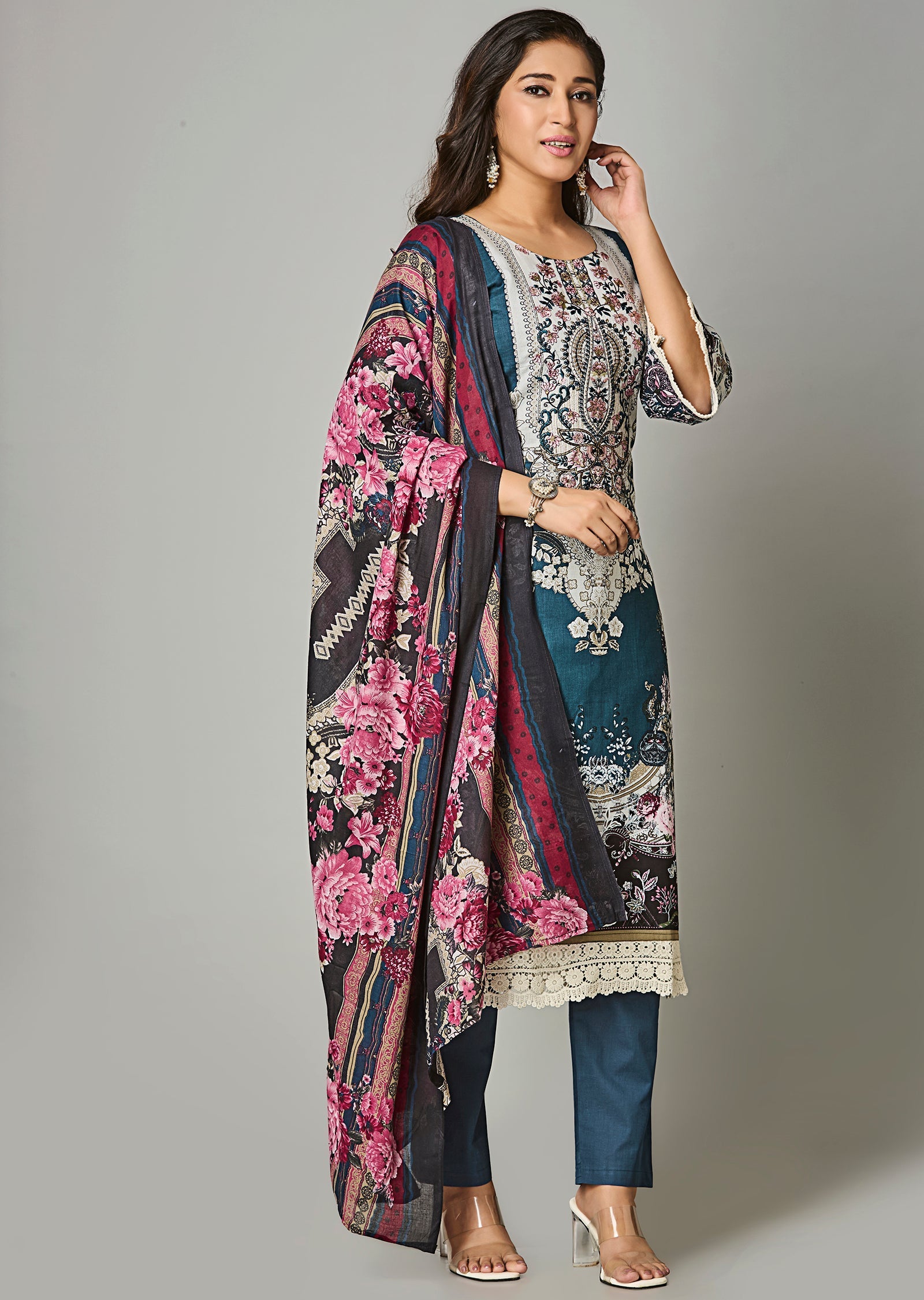 Teal Blue Cotton Straight Cut Suit