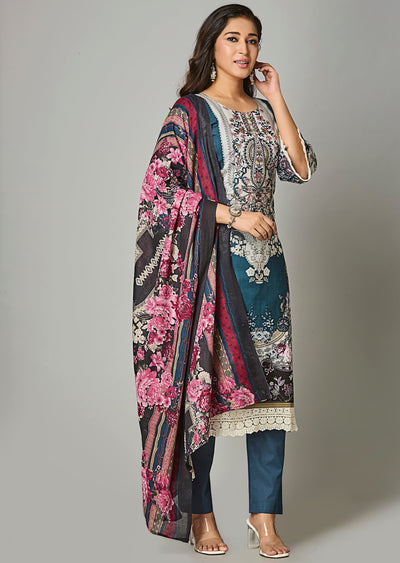 Teal Blue Cotton Straight Cut Suit