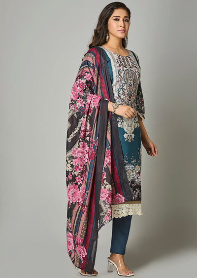 Teal Blue Cotton Straight Cut Suit