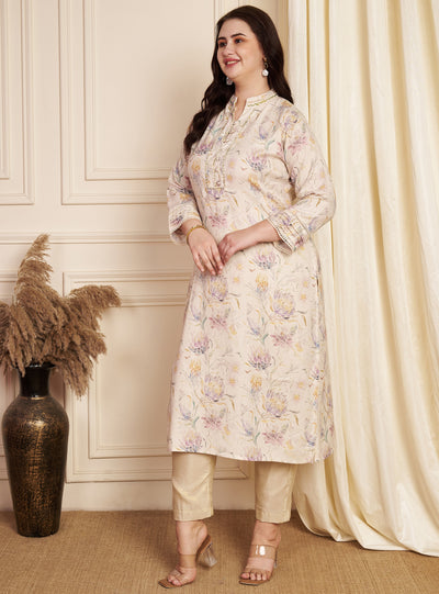 Beige Linen Cotton Straight Cut Kurti