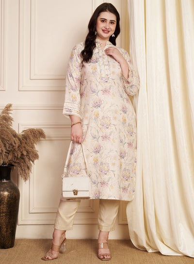 Beige Linen Cotton Straight Cut Kurti
