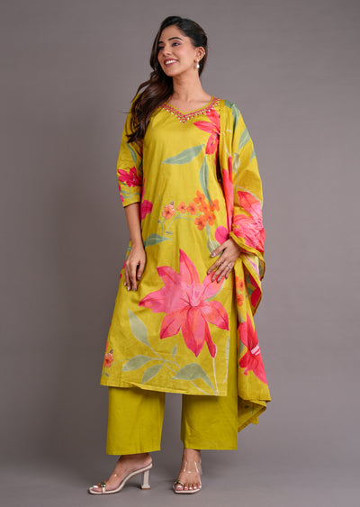 Lime Green Cotton Straight Cut Suit