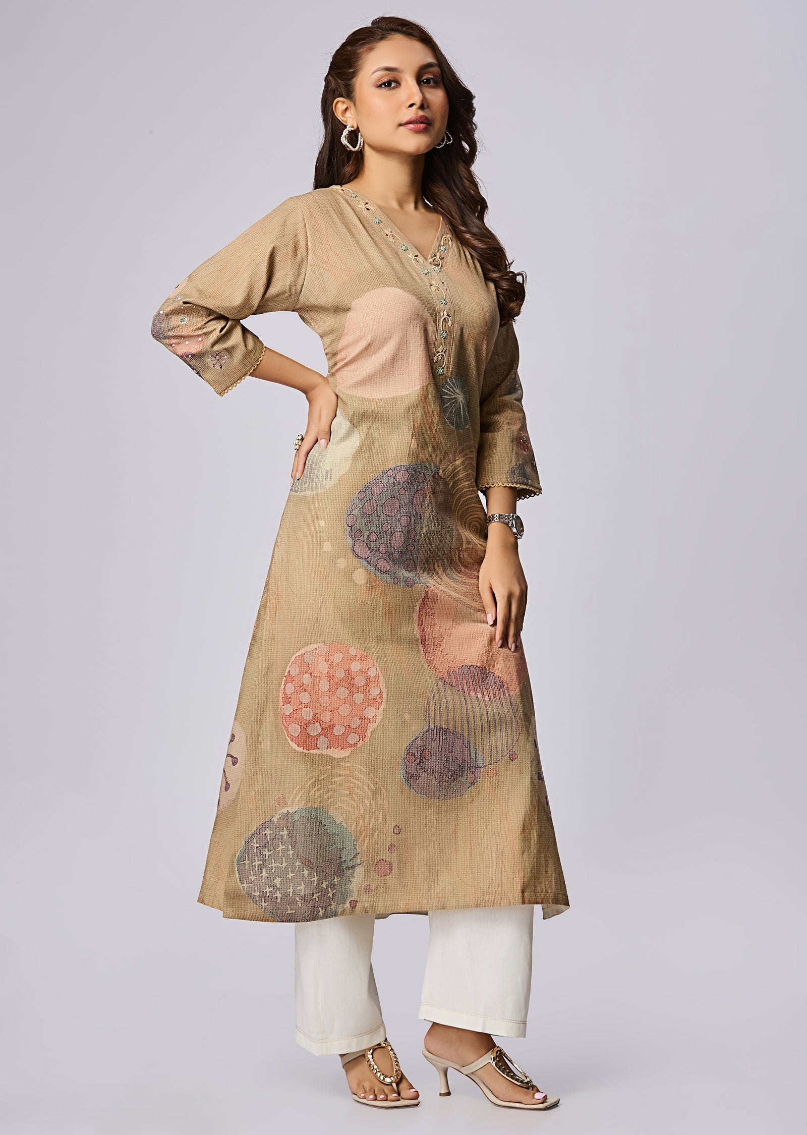 Brown Linen Cotton Midi Dress