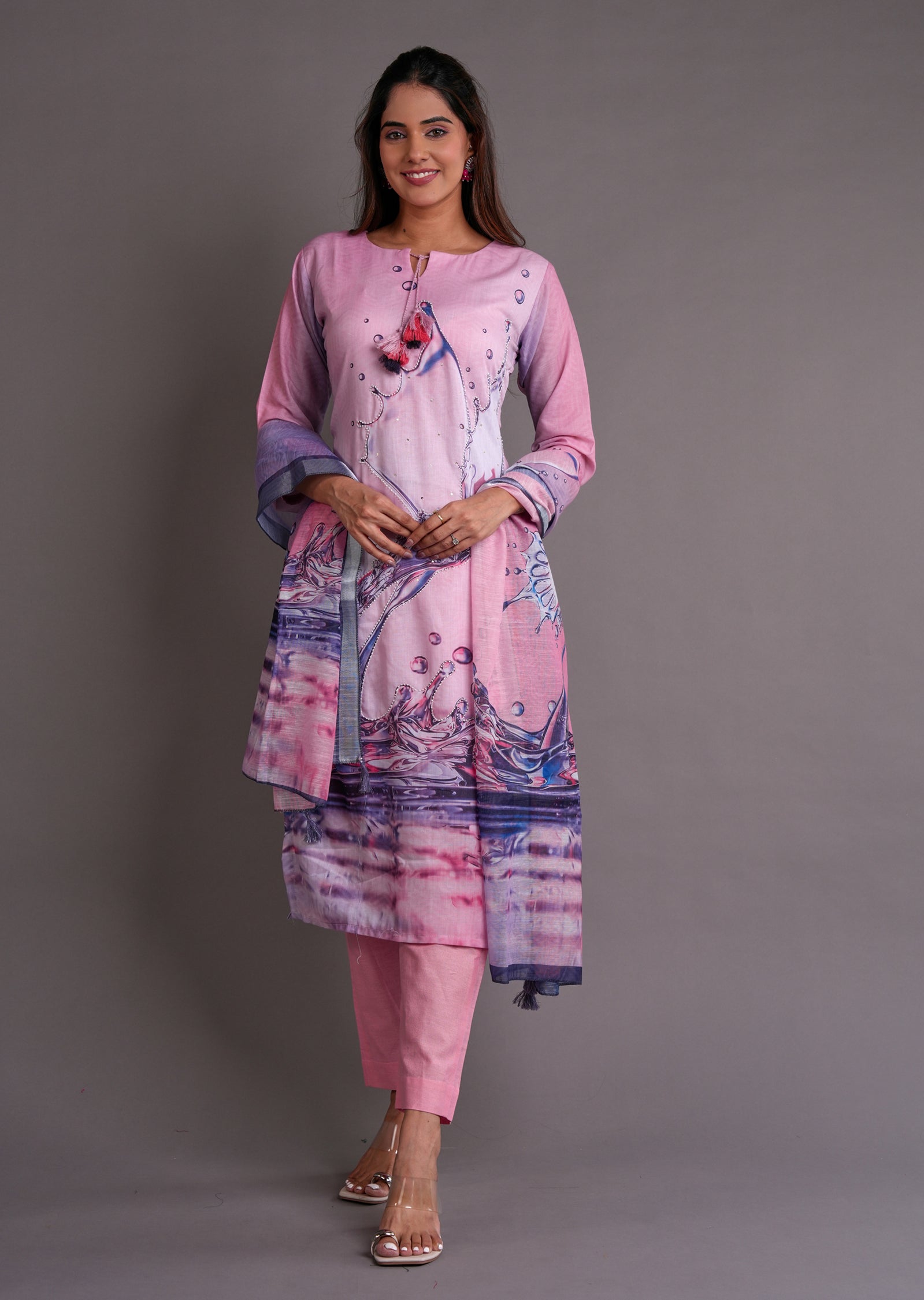 Pink Cotton Straight Cut Suit
