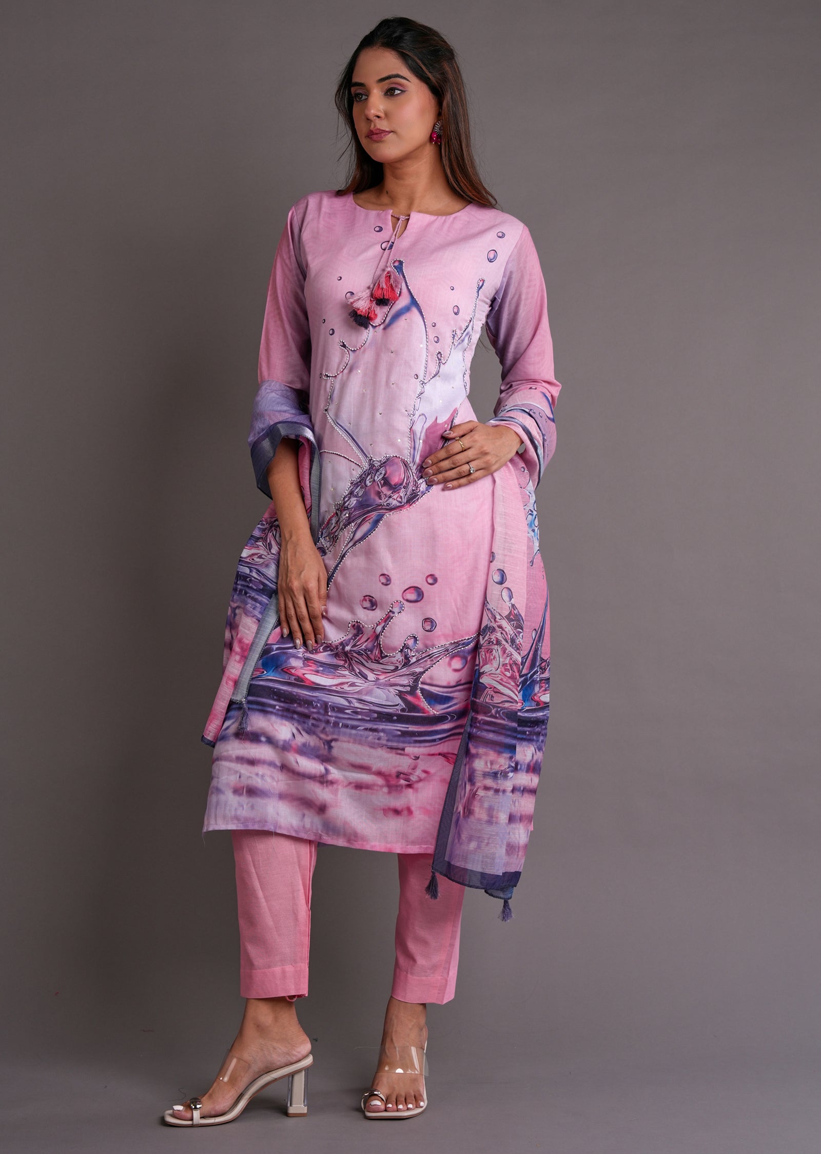 Pink Cotton Straight Cut Suit