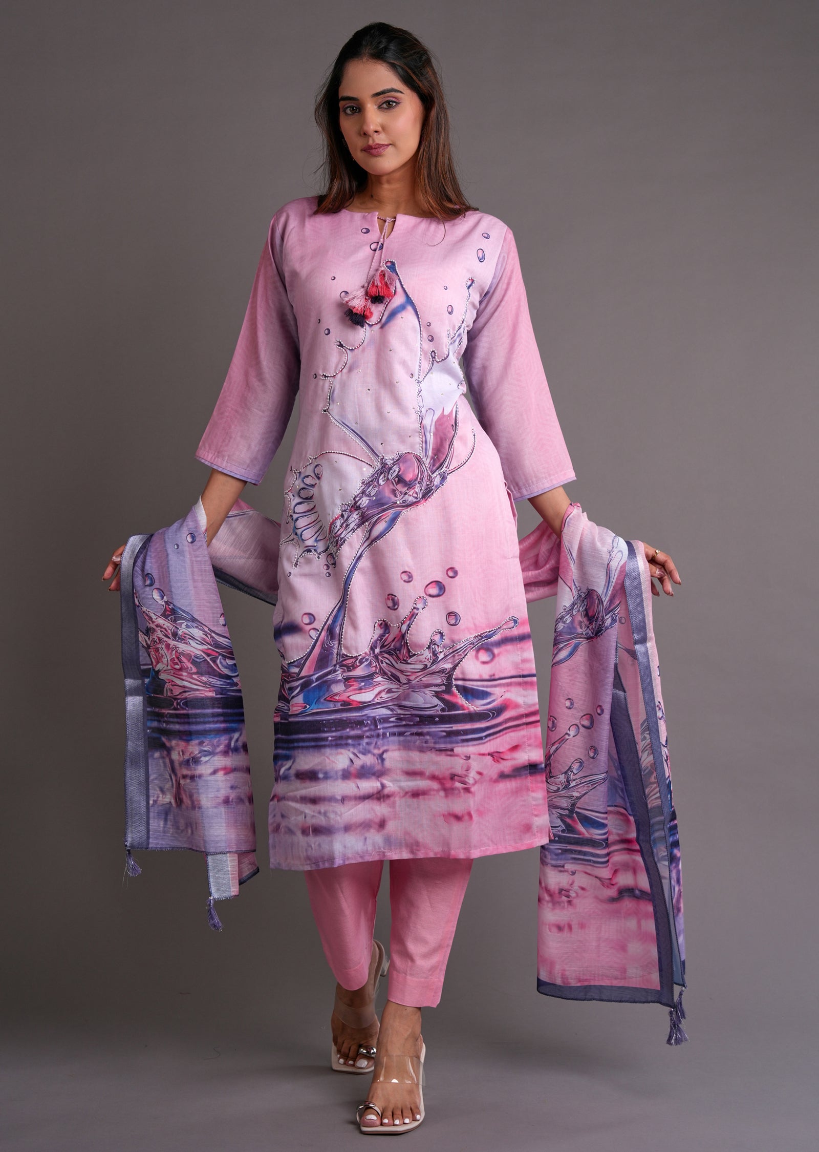 Pink Cotton Straight Cut Suit