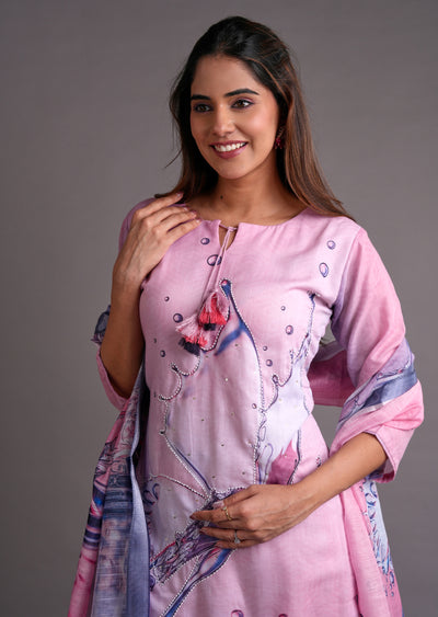 Pink Cotton Straight Cut Suit