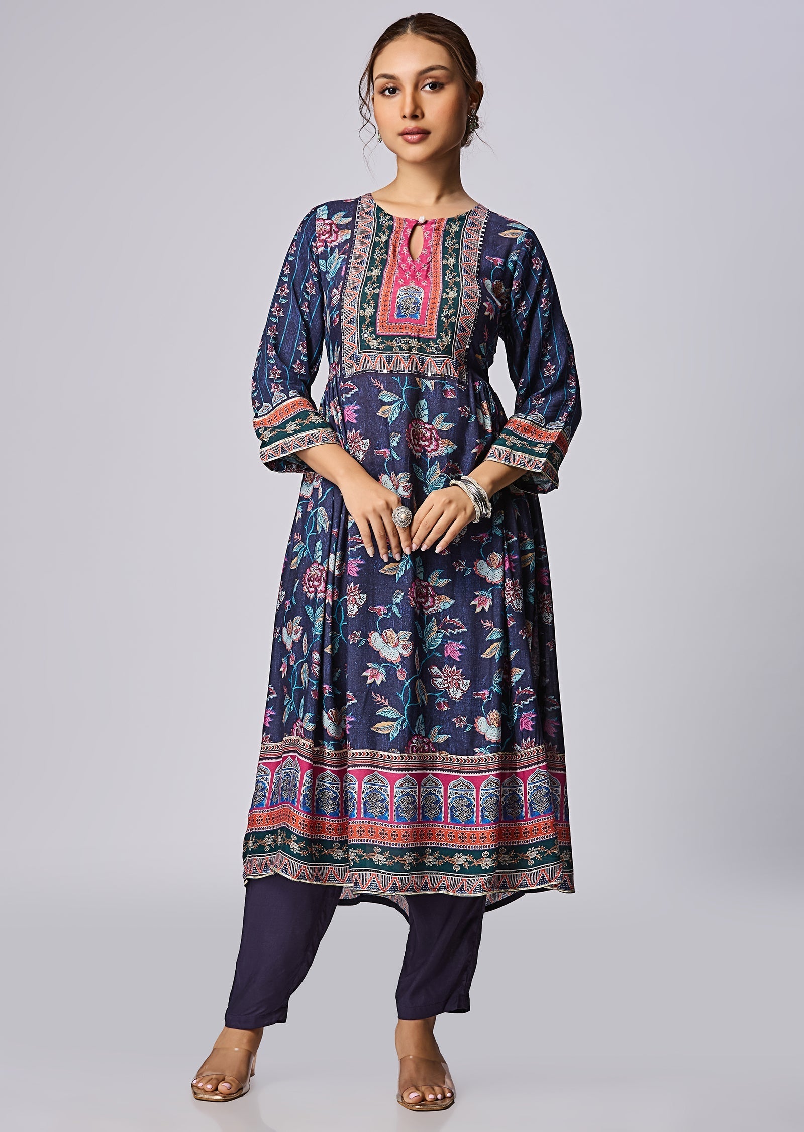 Navy Blue Muslin Straight Cut Kurti Set