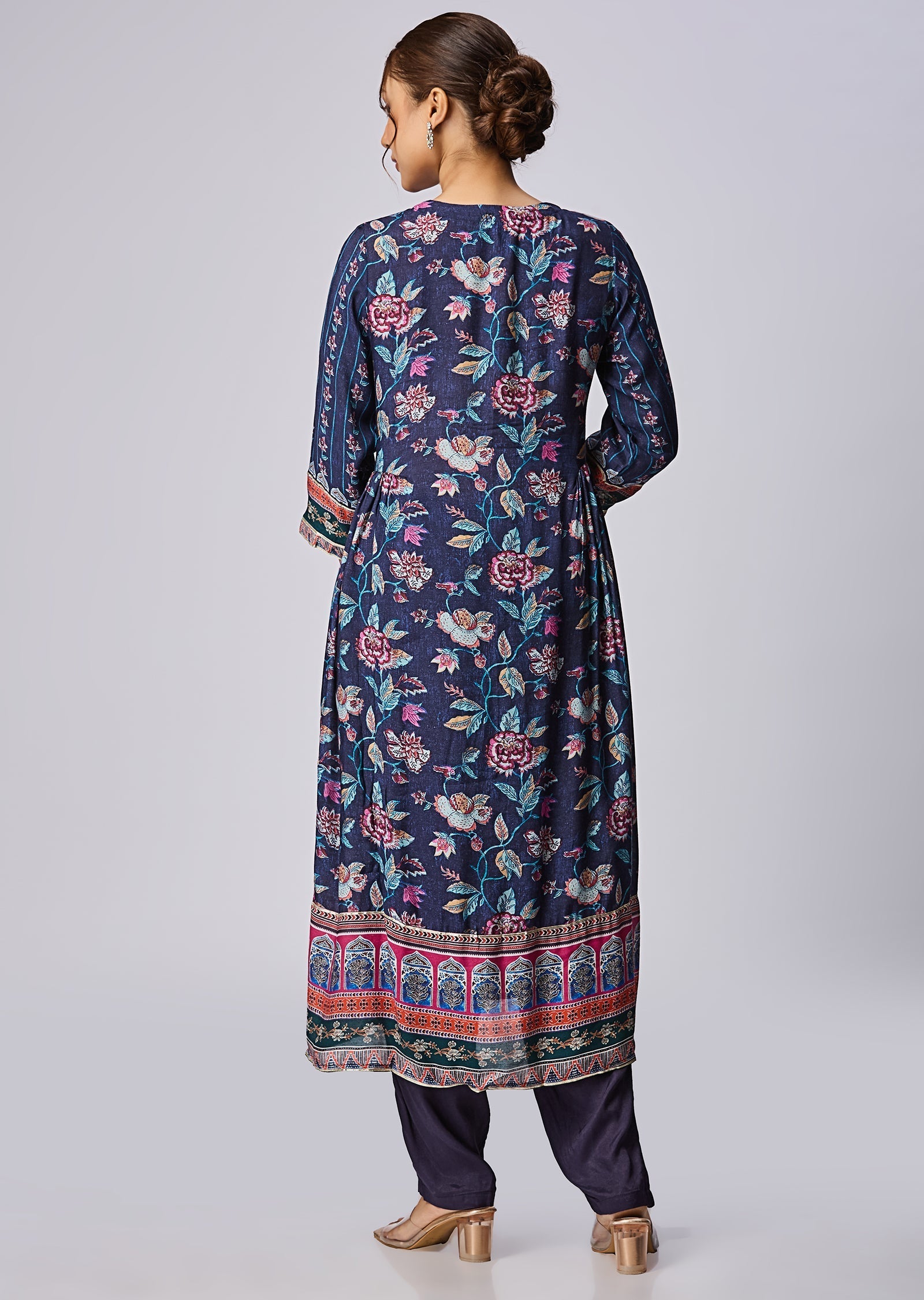 Navy Blue Muslin Straight Cut Kurti Set