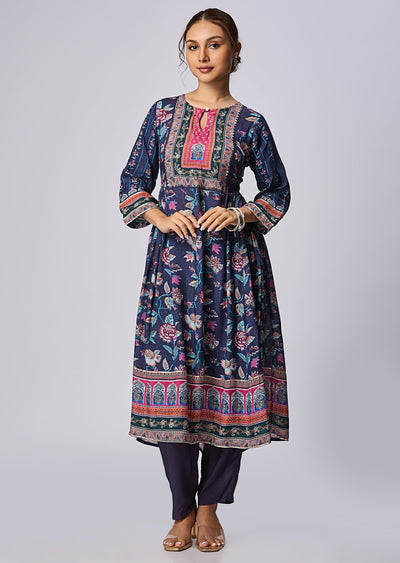 Navy Blue Muslin Straight Cut Kurti Set