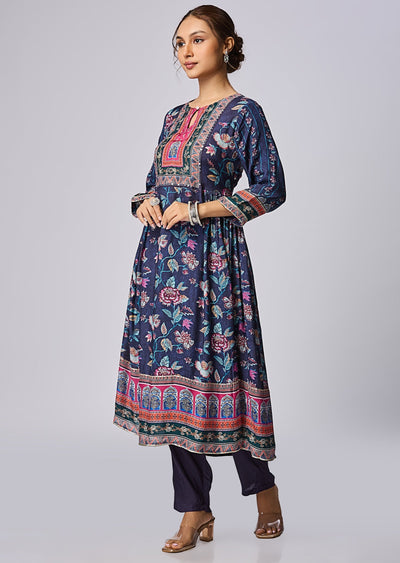 Navy Blue Muslin Straight Cut Kurti Set