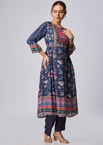 Navy Blue Muslin Straight Cut Kurti Set