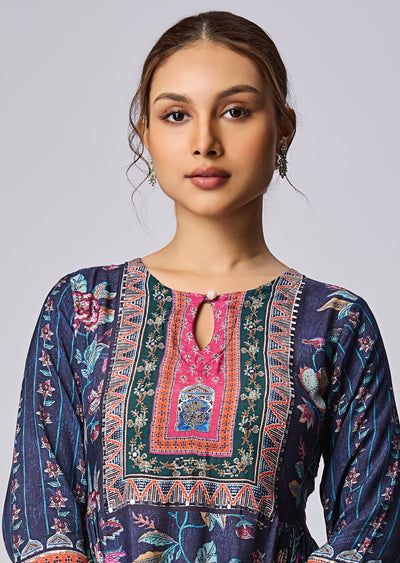 Navy Blue Muslin Straight Cut Kurti Set