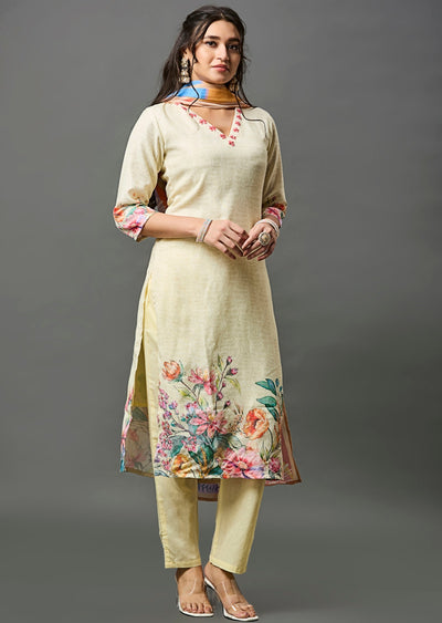 Light Yellow Linen Cotton Straight Cut Suit