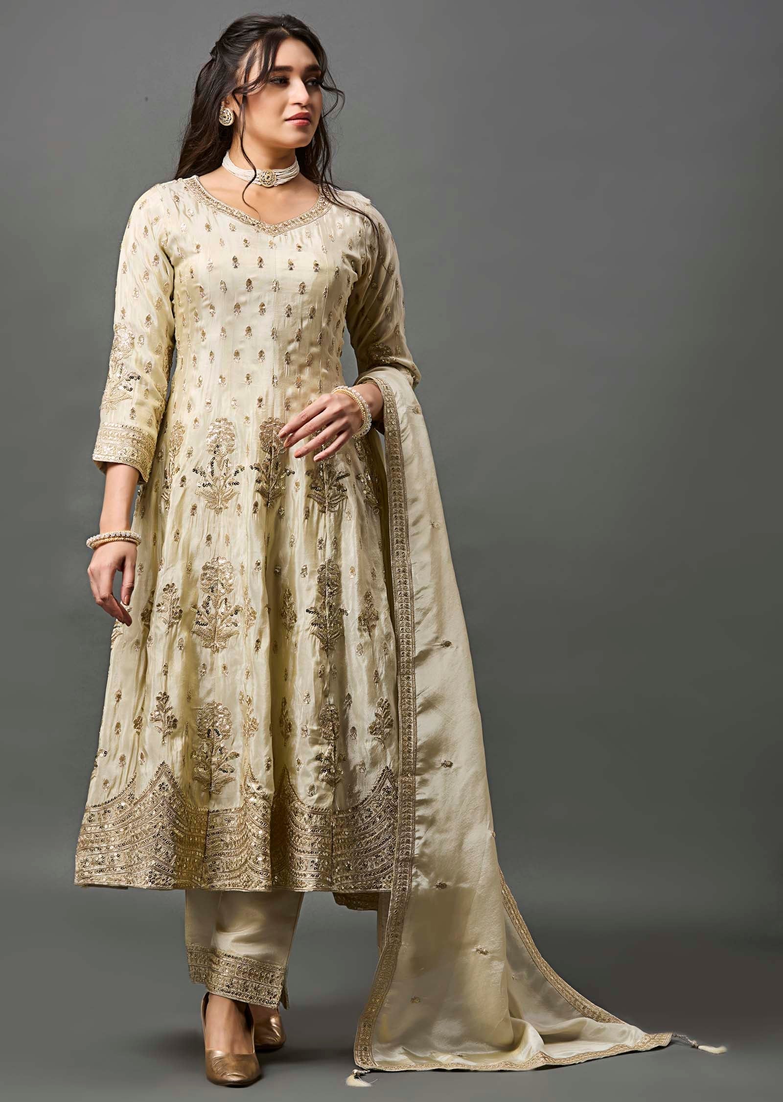 Beige Tissue Anarkali Suit