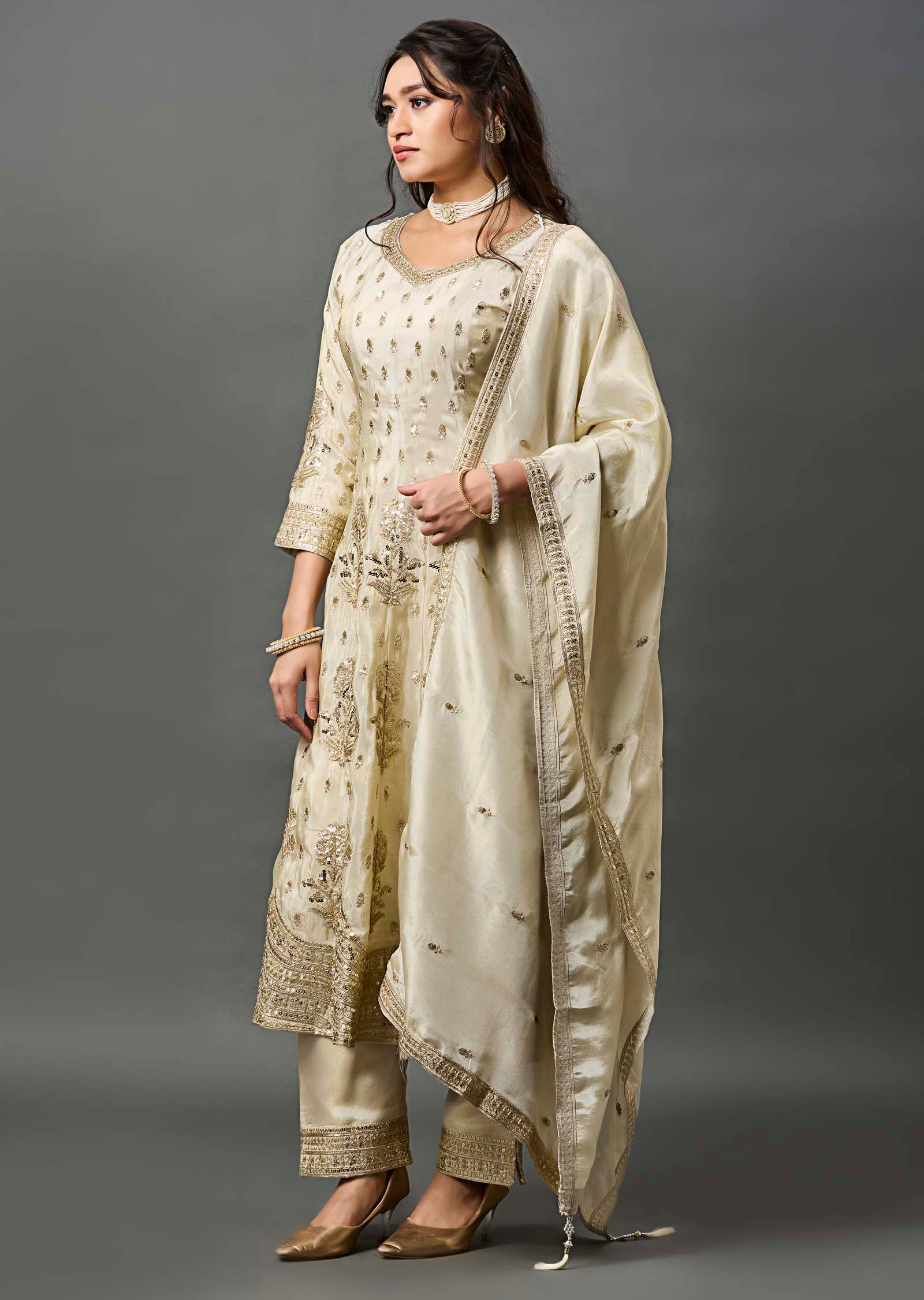 Beige Tissue Anarkali Suit