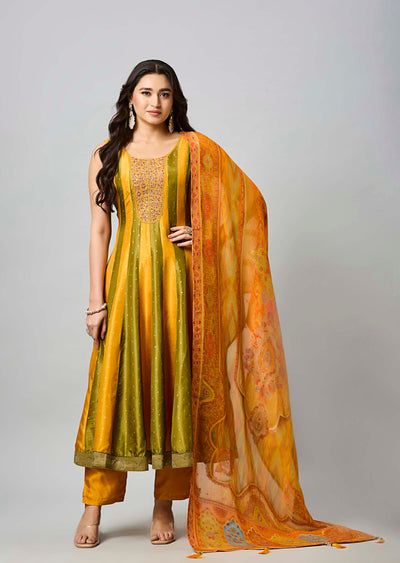 Mustard Banarasi Silk Anarkali Suit