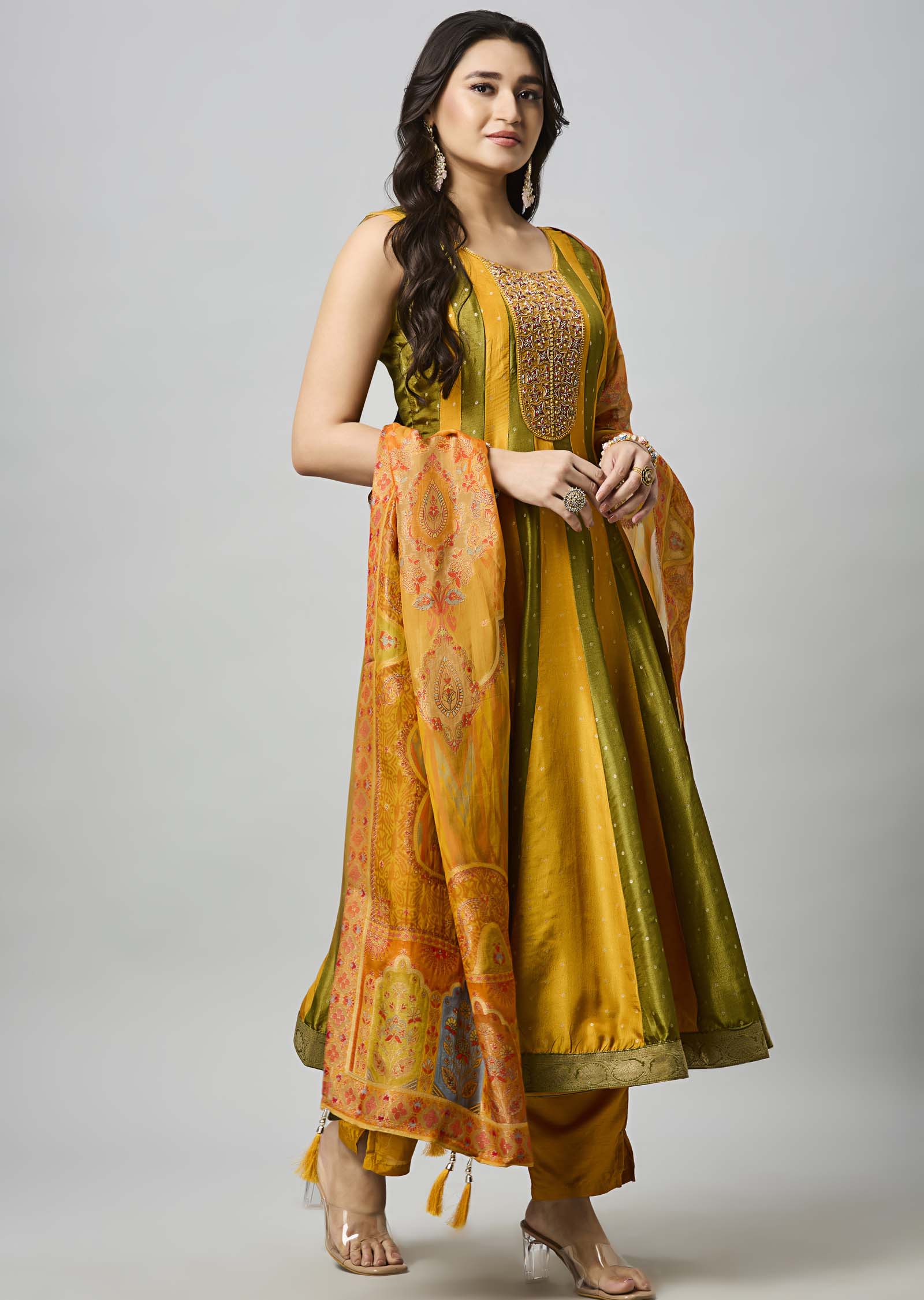 Mustard Banarasi Silk Anarkali Suit