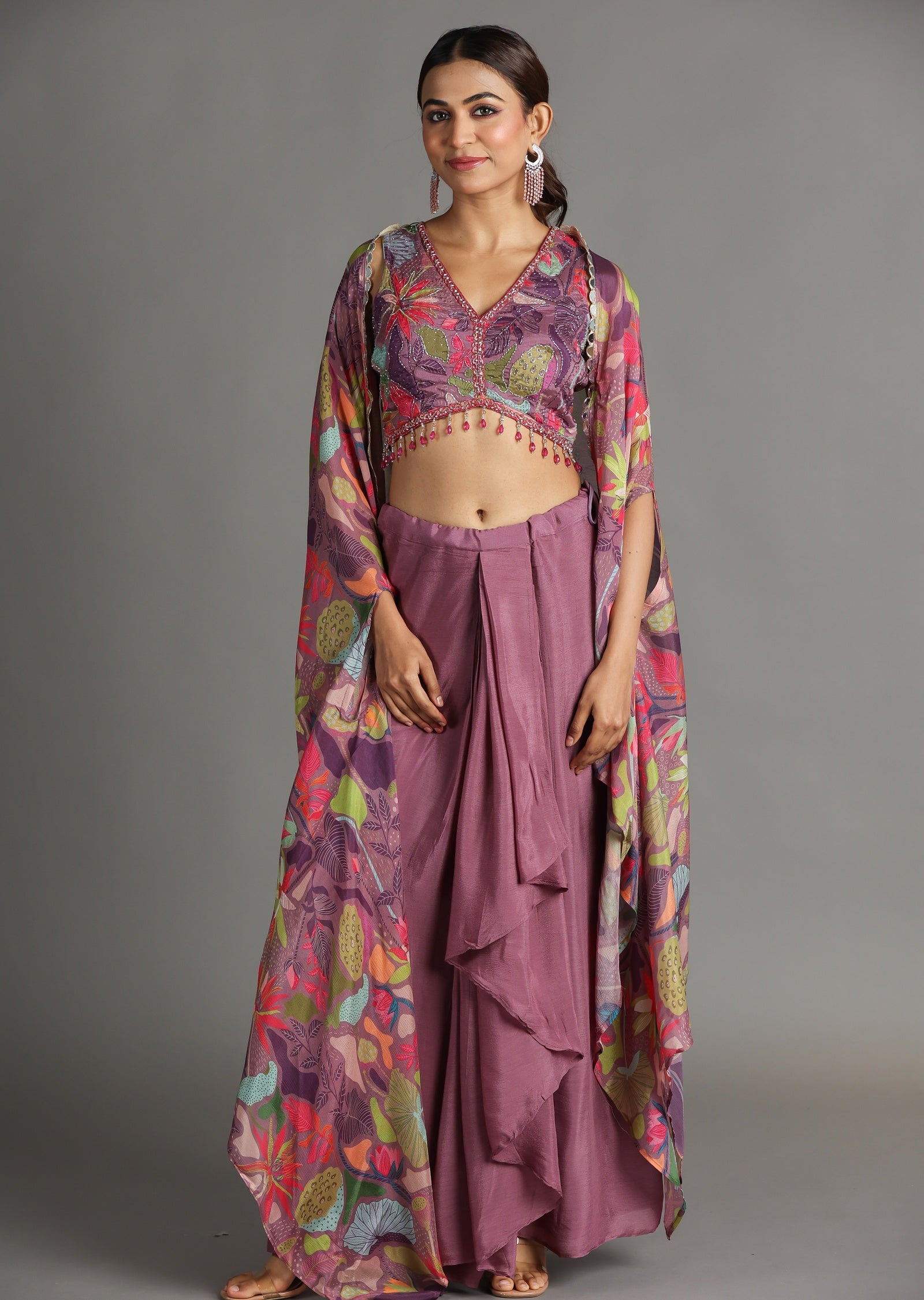 Mauve Chinnon Draped Skirt Set