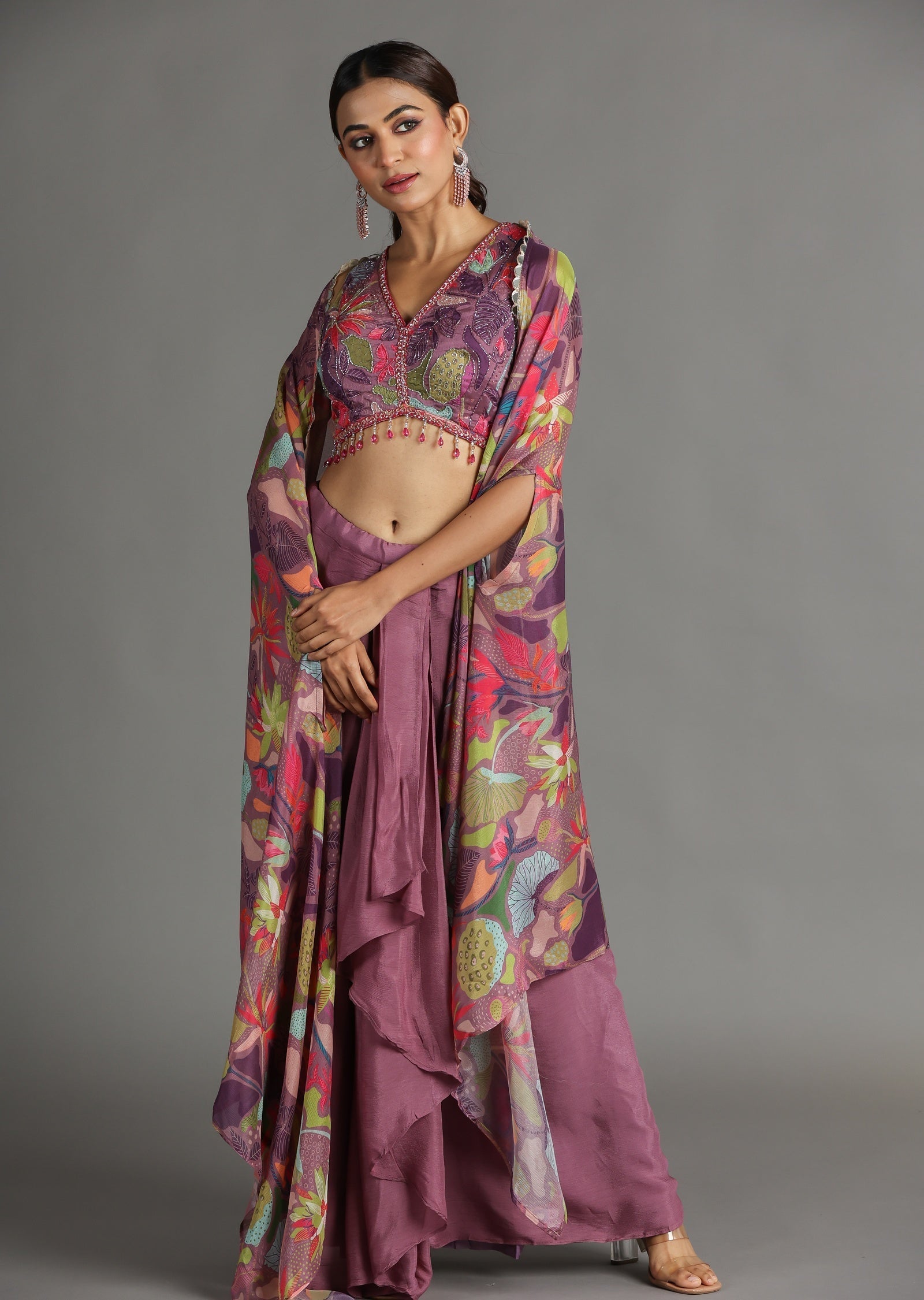 Mauve Chinnon Draped Skirt Set
