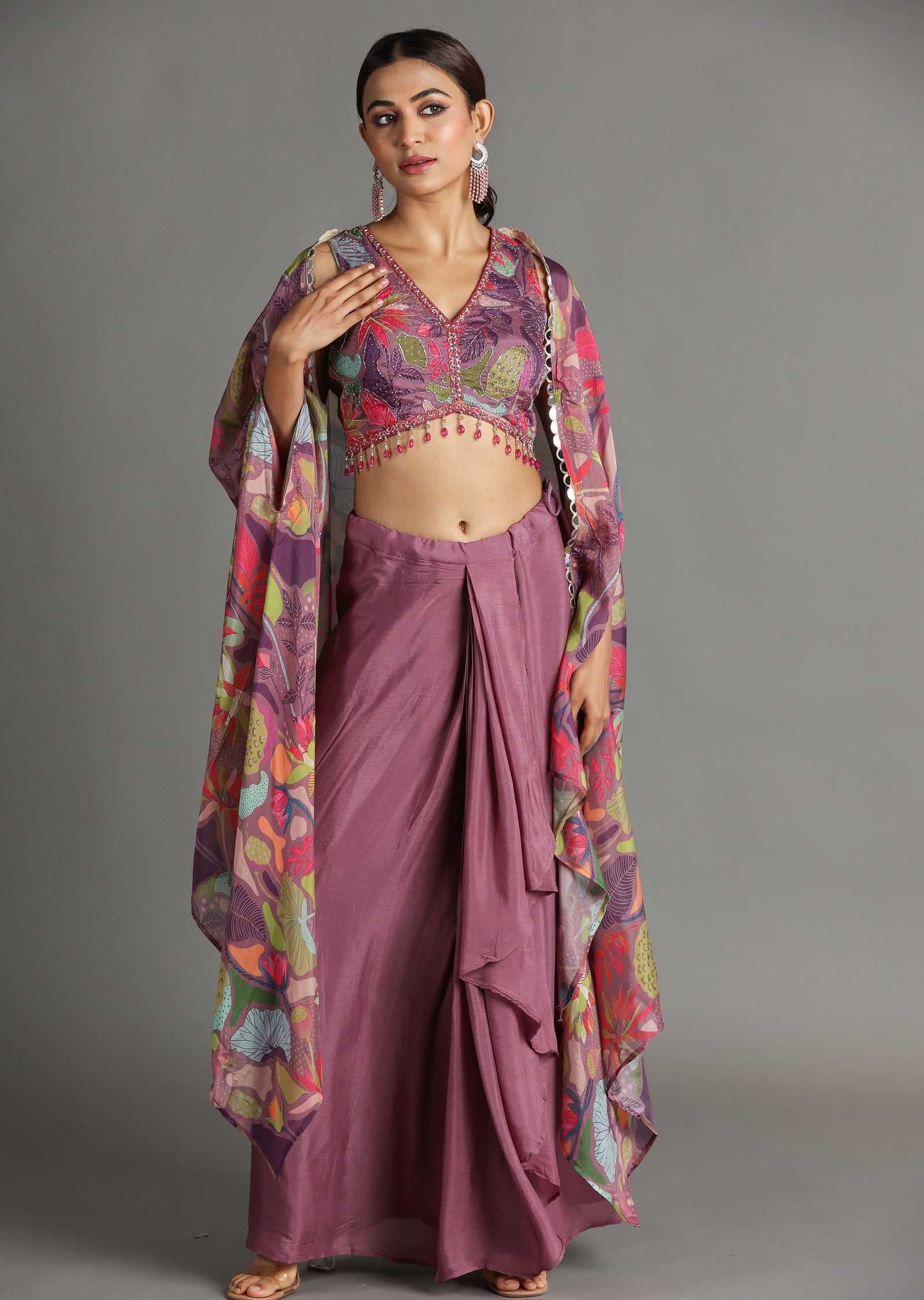 Mauve Chinnon Draped Skirt Set