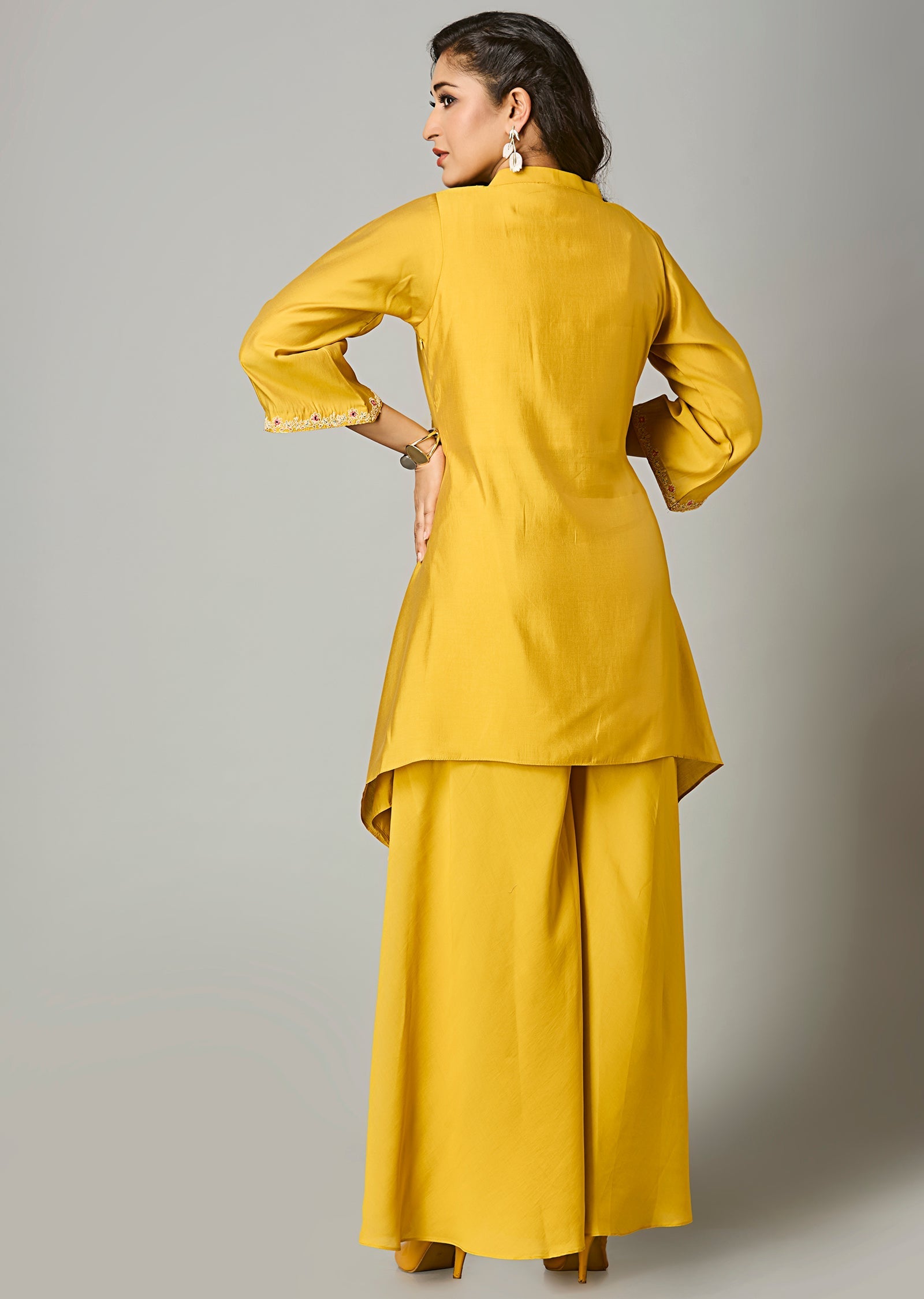 Mustard Russian Silk Straight Cut Kurti Set