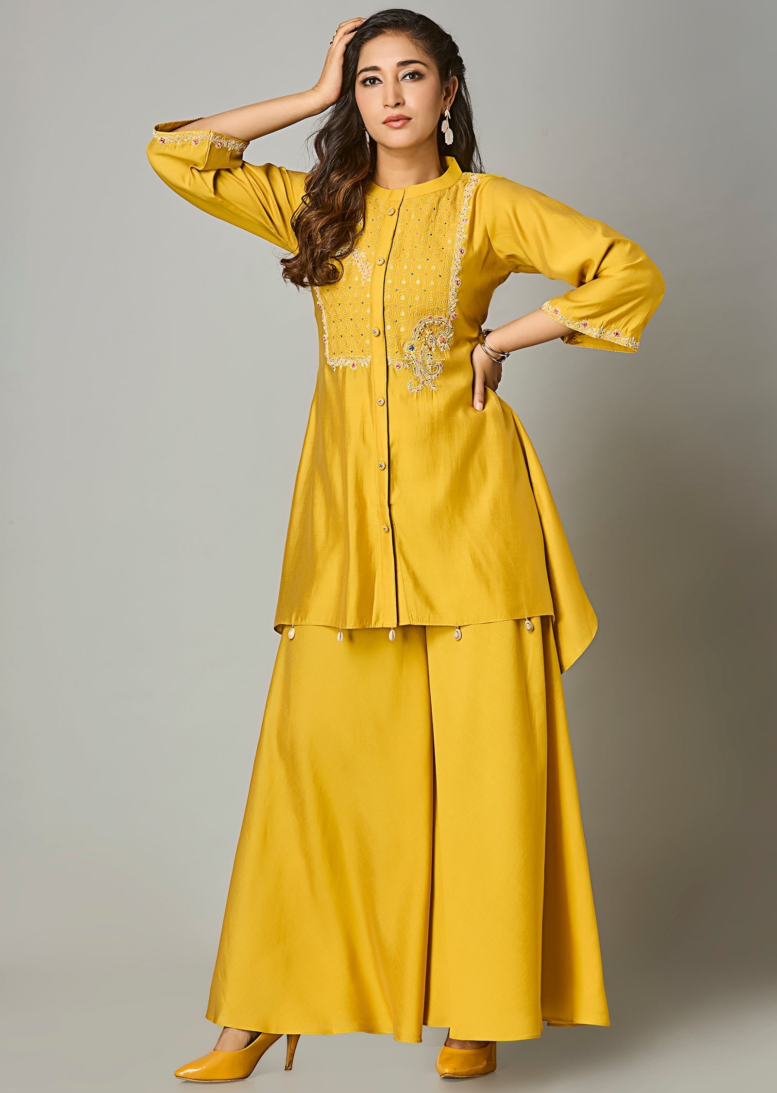 Mustard Russian Silk Straight Cut Kurti Set