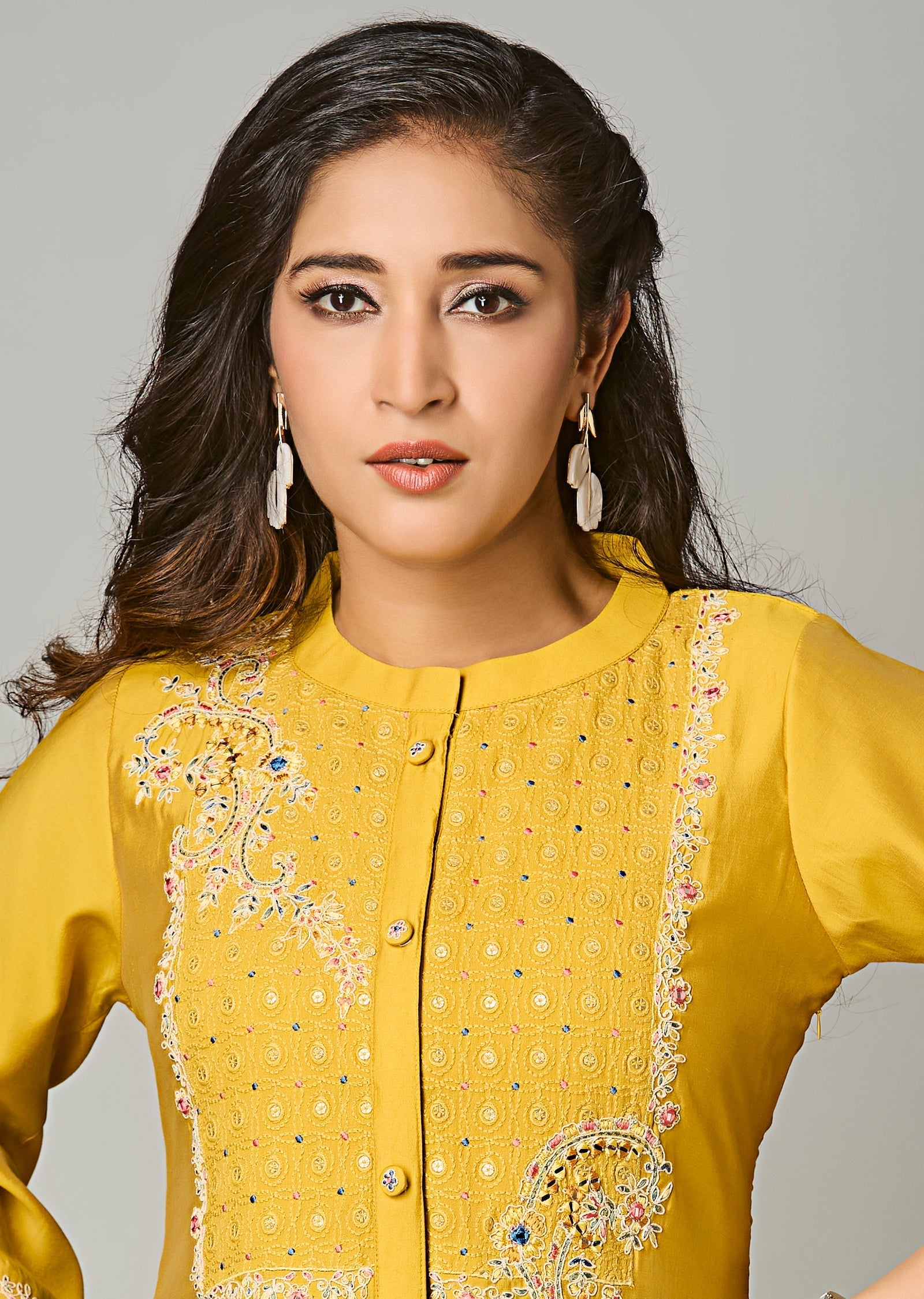Mustard Russian Silk Straight Cut Kurti Set