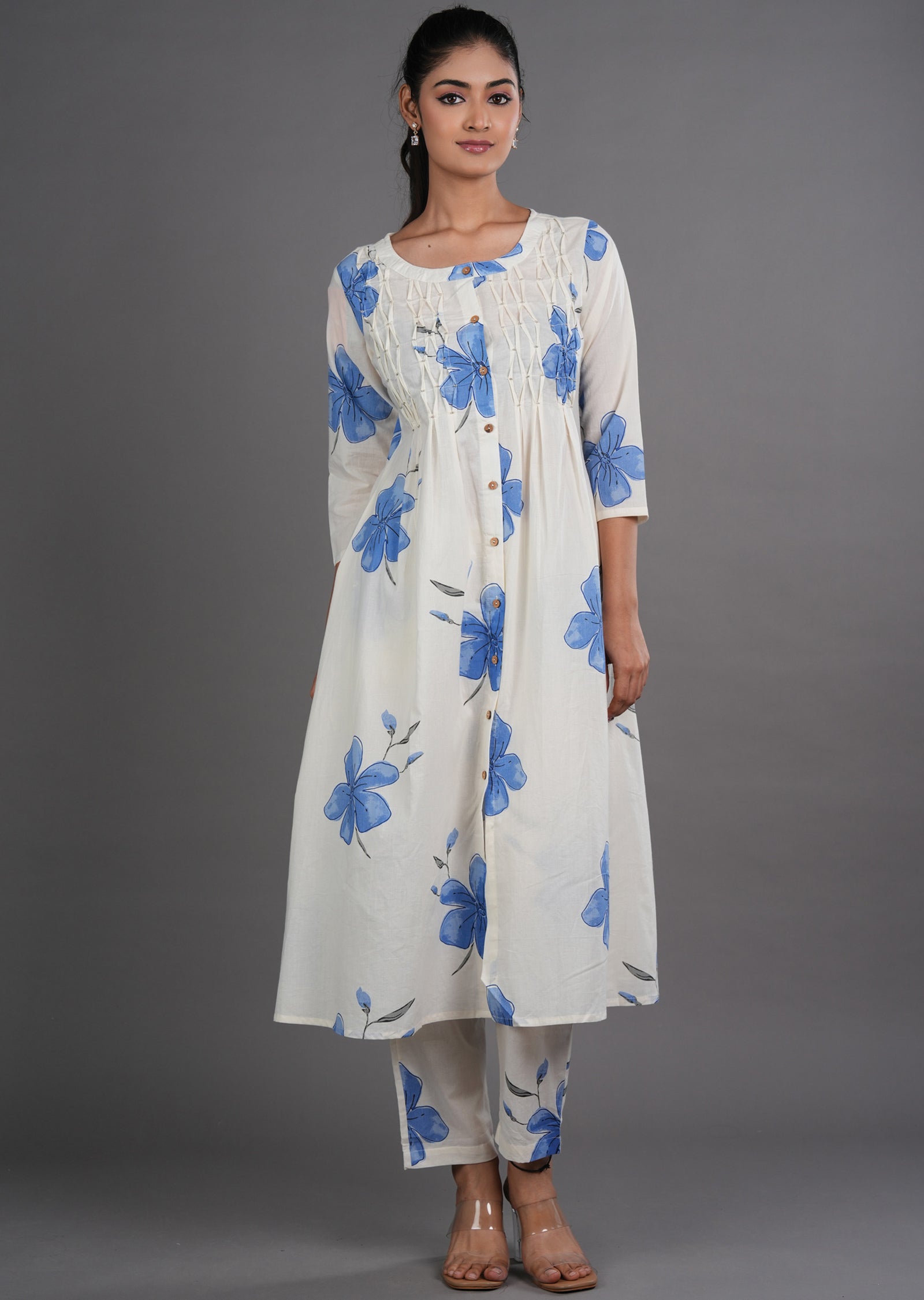 Blue Cotton Straight Cut Kurti Set