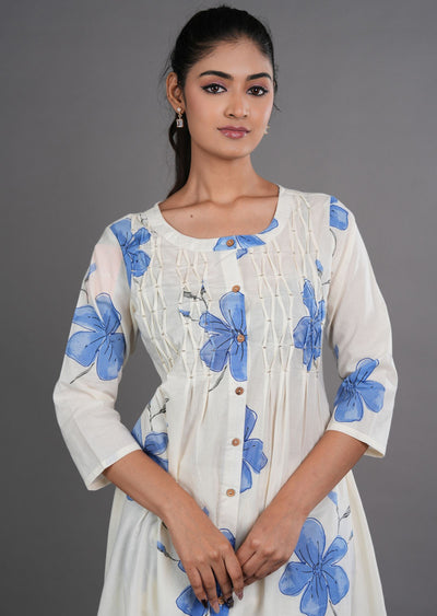 Blue Cotton Straight Cut Kurti Set