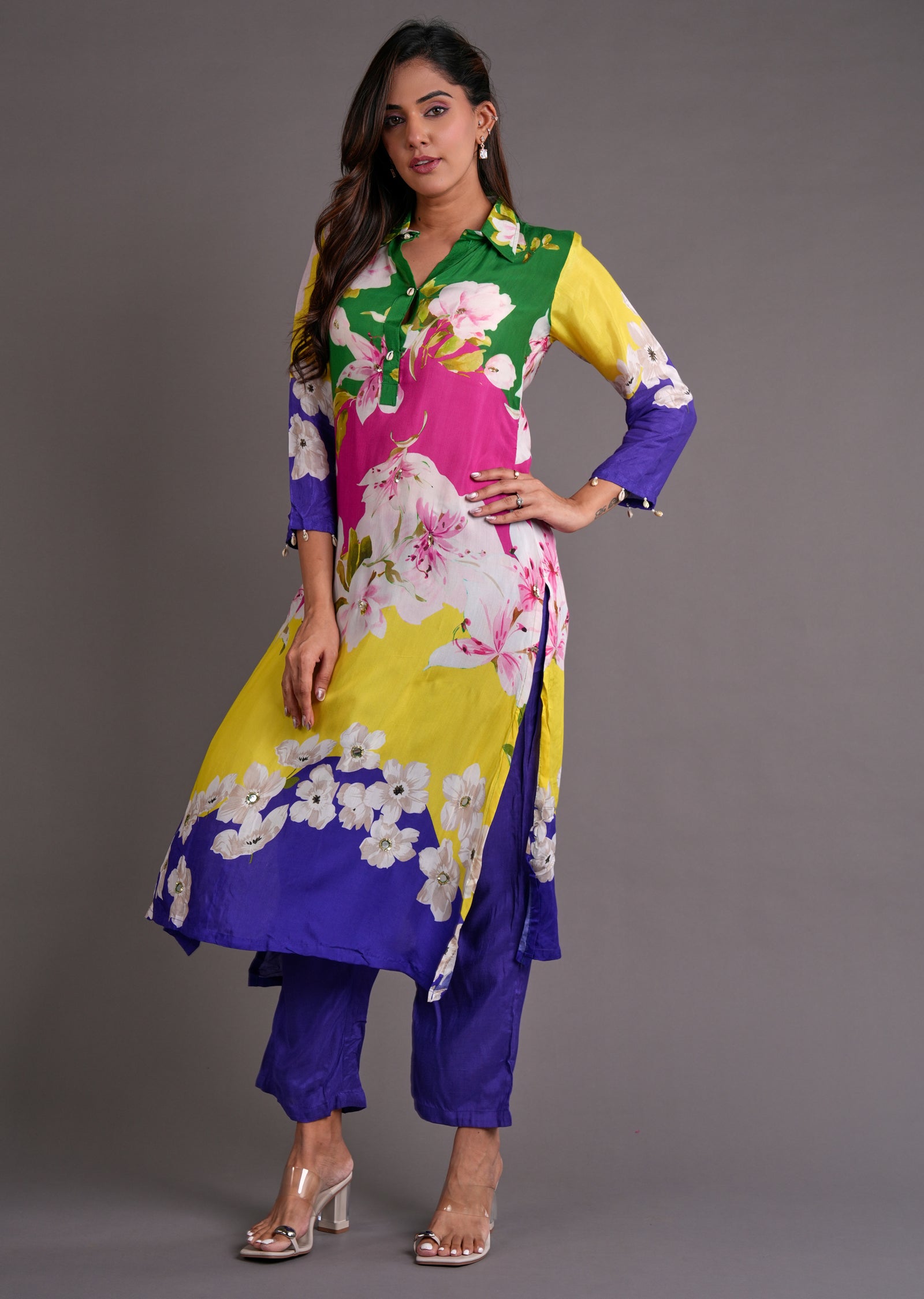 Multi Colour Muslin Straight Cut Kurti Set