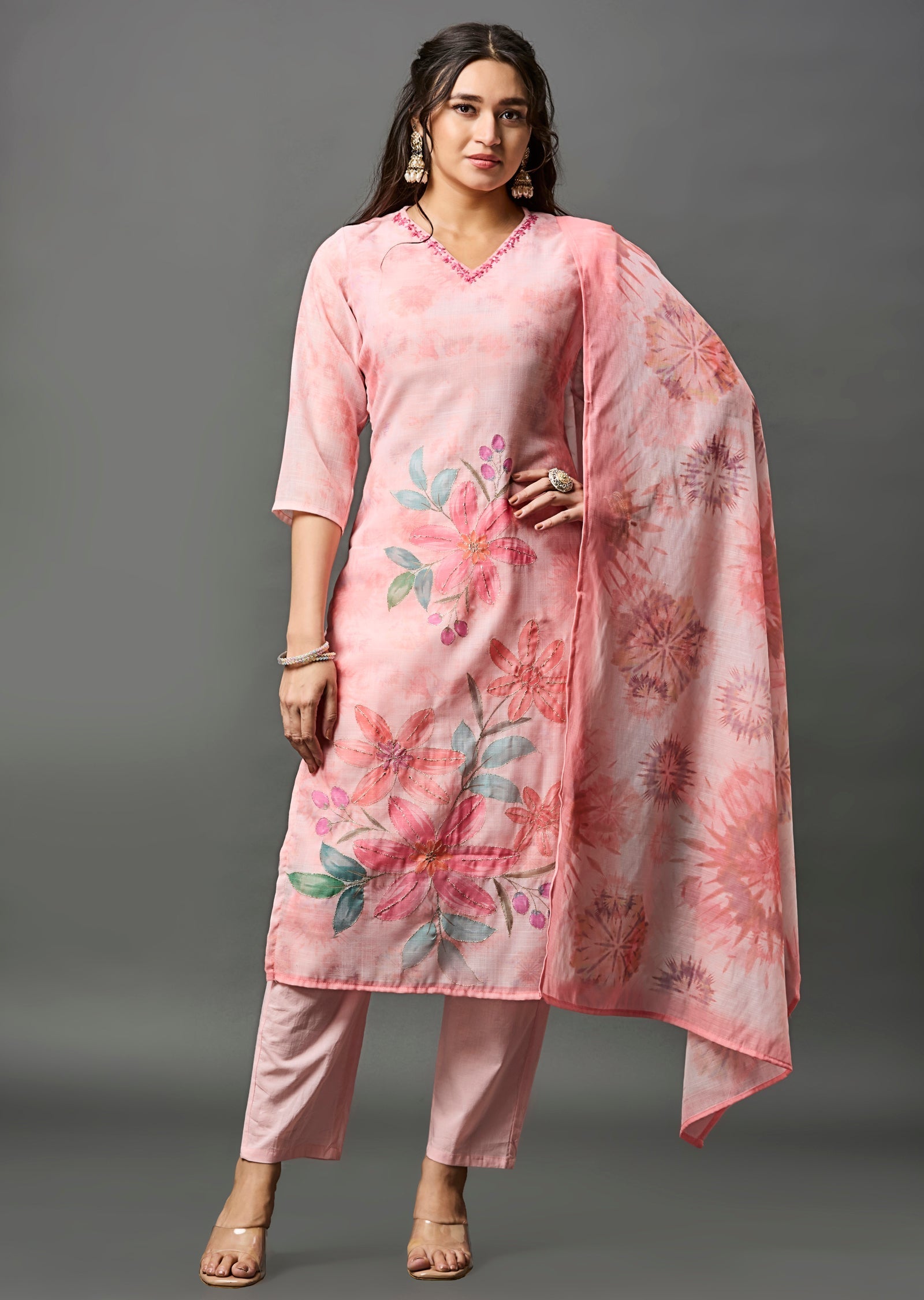 Peach Linen Cotton Straight Cut Suit