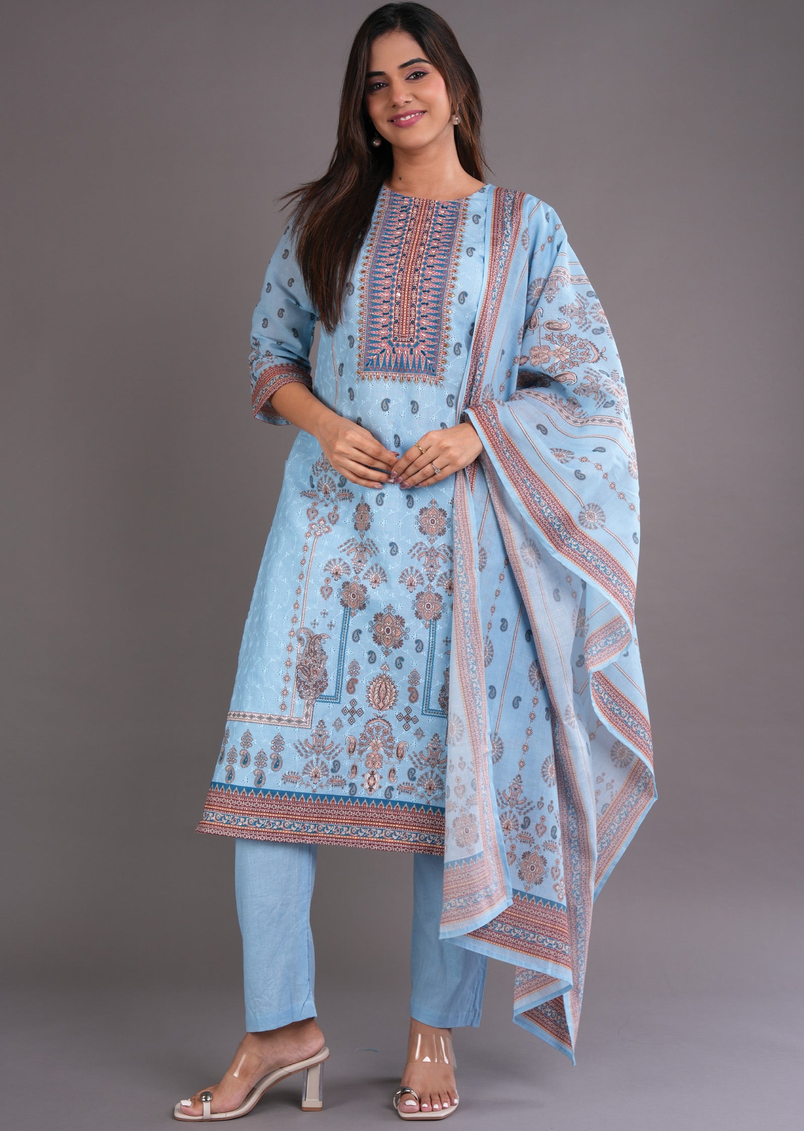 Light Blue Cotton Straight Cut Suit