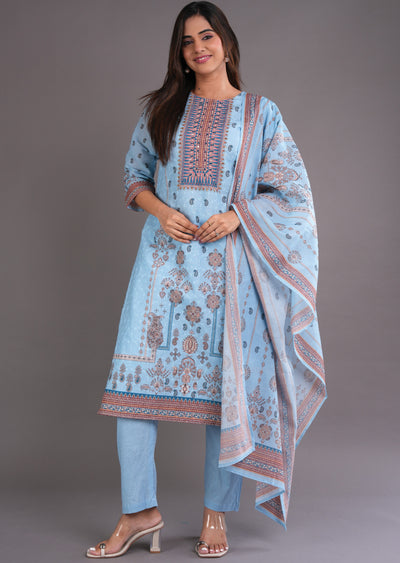 Light Blue Cotton Straight Cut Suit