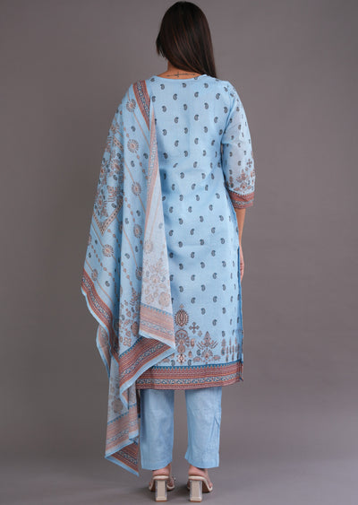 Light Blue Cotton Straight Cut Suit