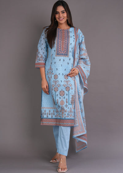 Light Blue Cotton Straight Cut Suit