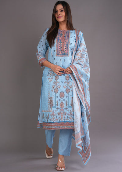 Light Blue Cotton Straight Cut Suit
