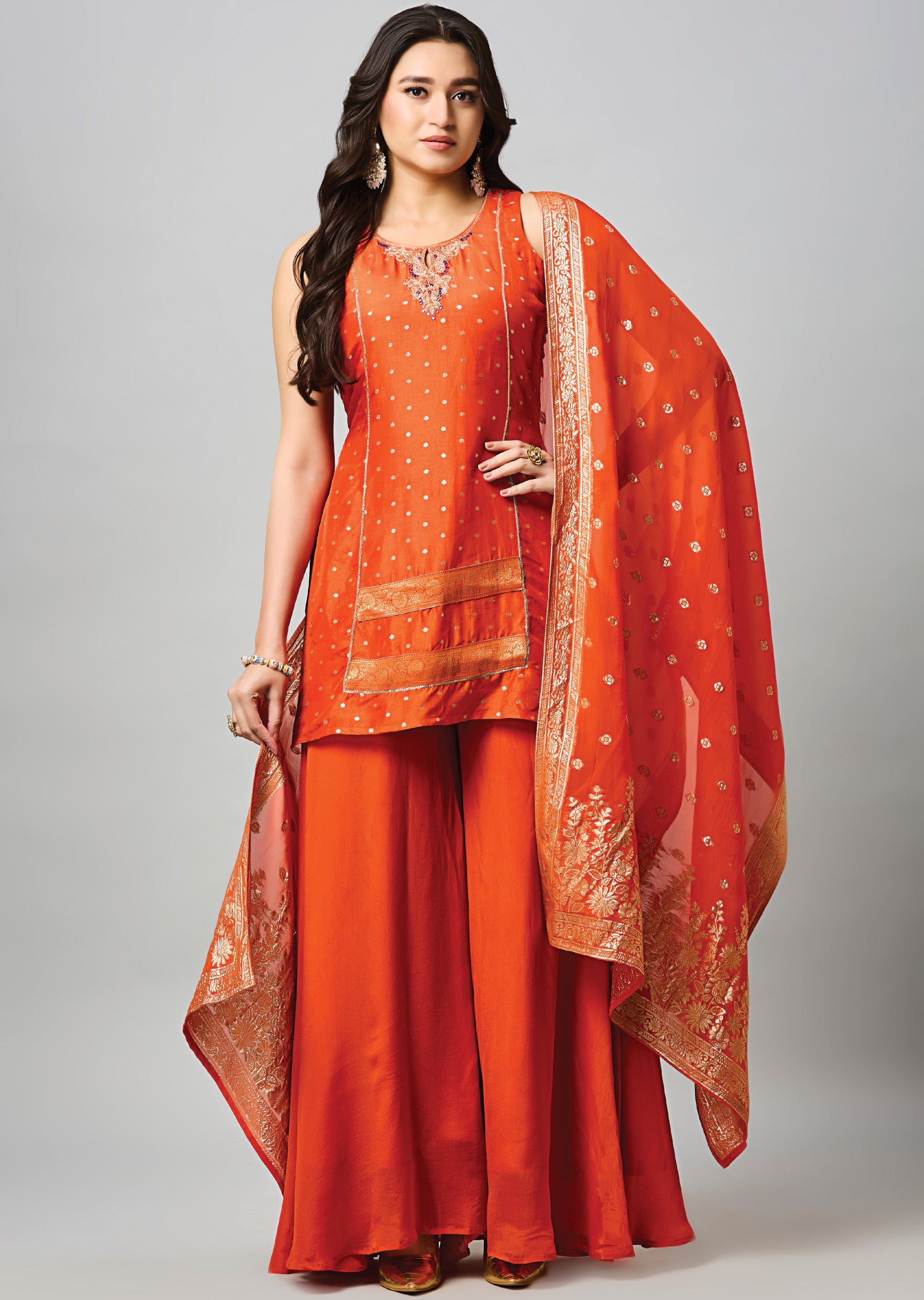 Orange Banarasi Straight Cut Suit