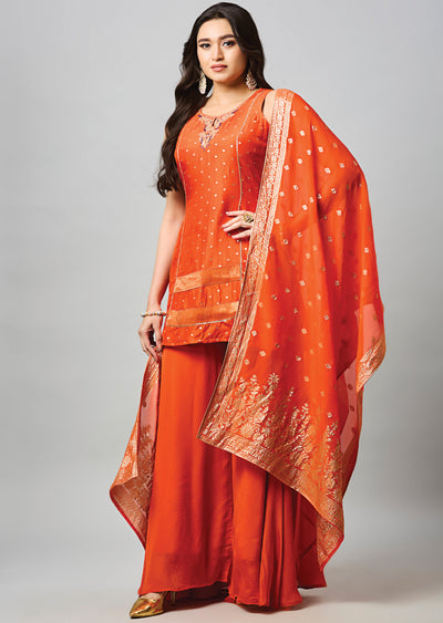 Orange Banarasi Straight Cut Suit