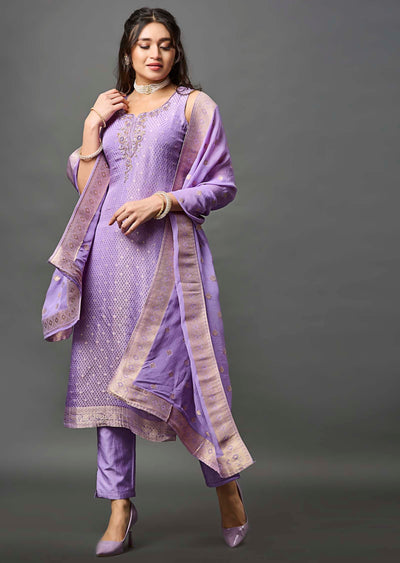 Purple Banarasi Silk Straight Cut Suit