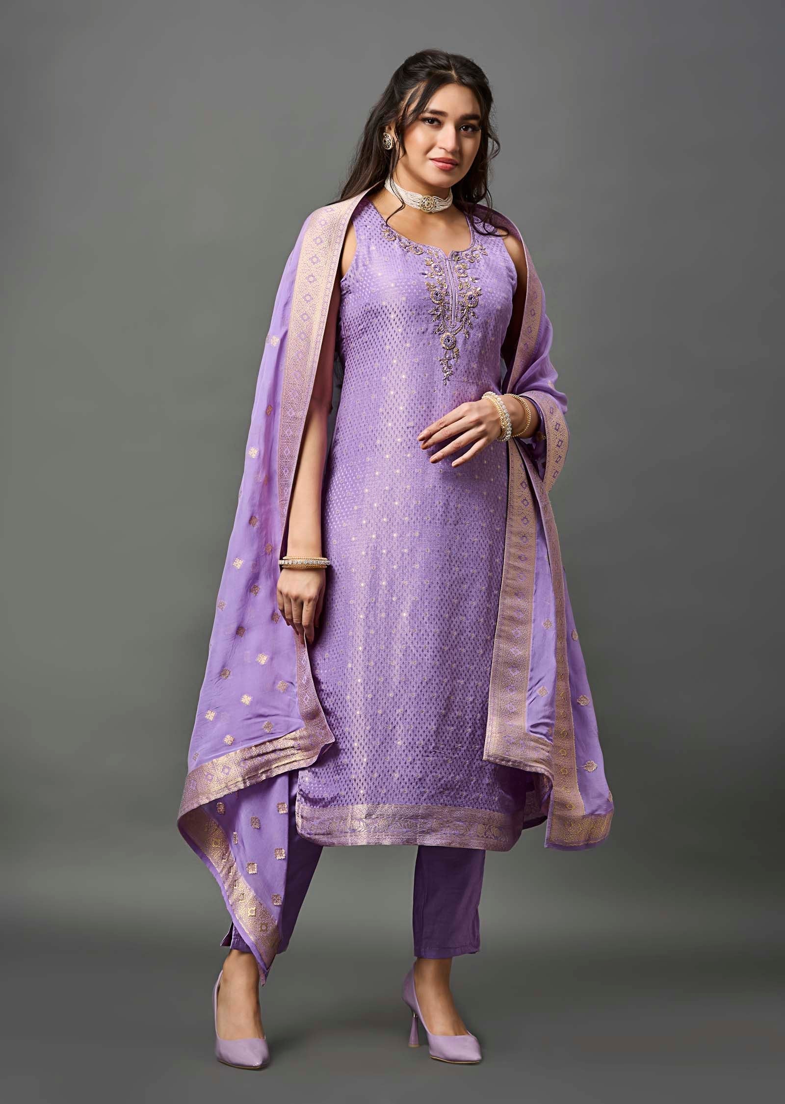 Purple Banarasi Silk Straight Cut Suit
