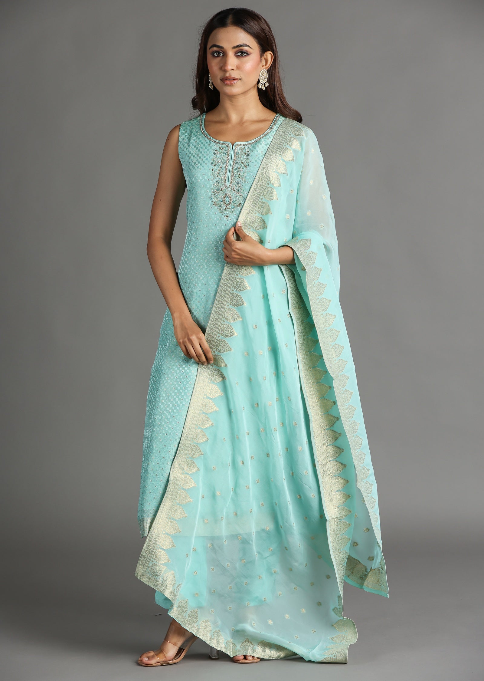 Aqua Banarasi Straight Cut Suit