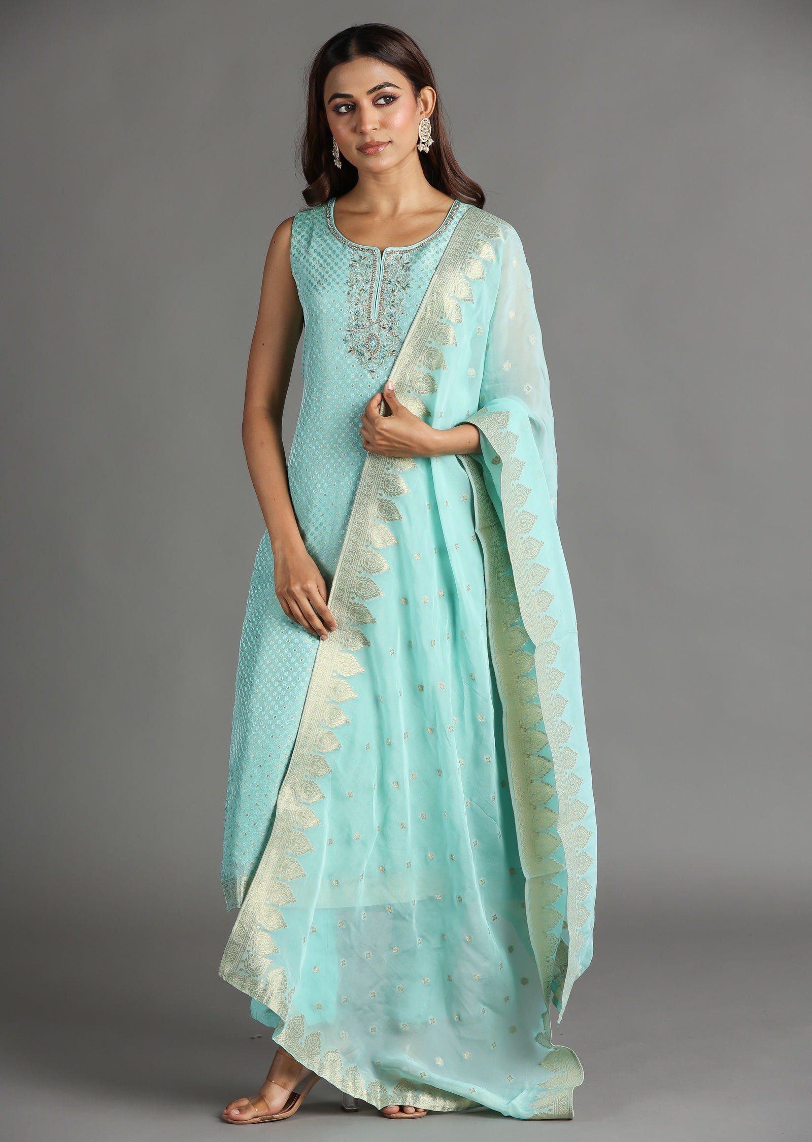 Aqua Banarasi Straight Cut Suit