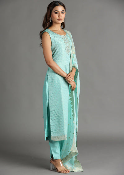 Aqua Banarasi Straight Cut Suit