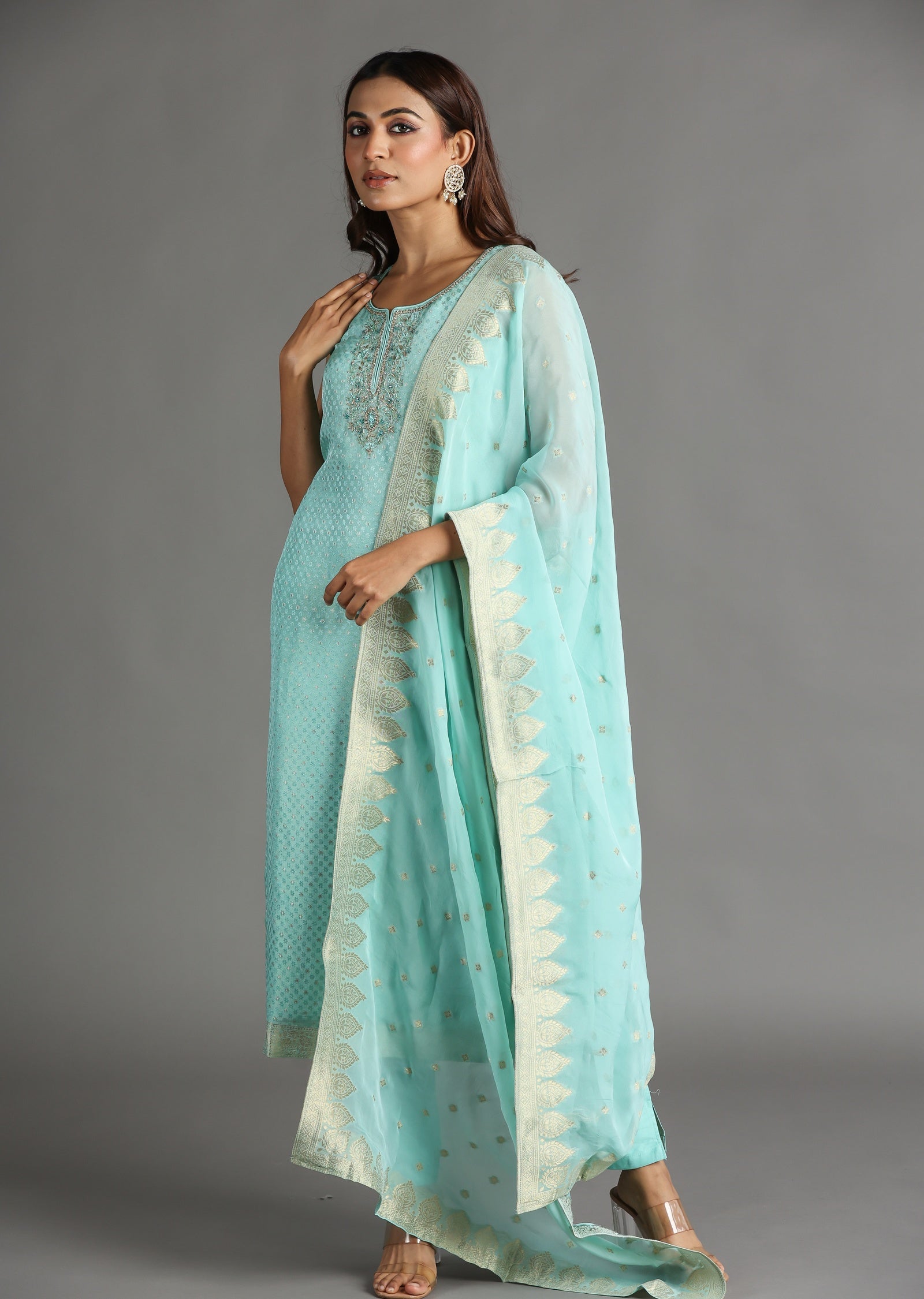 Aqua Banarasi Straight Cut Suit