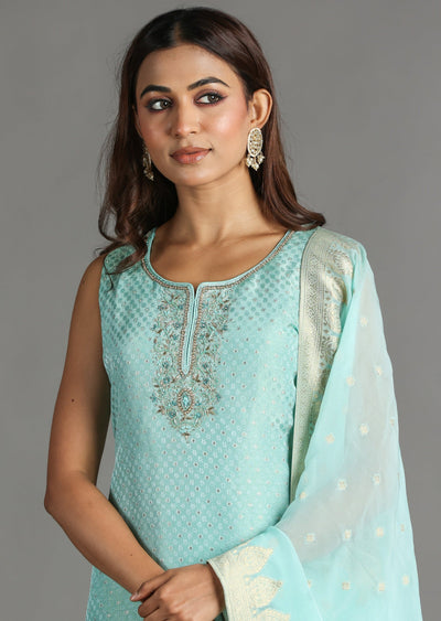 Aqua Banarasi Straight Cut Suit
