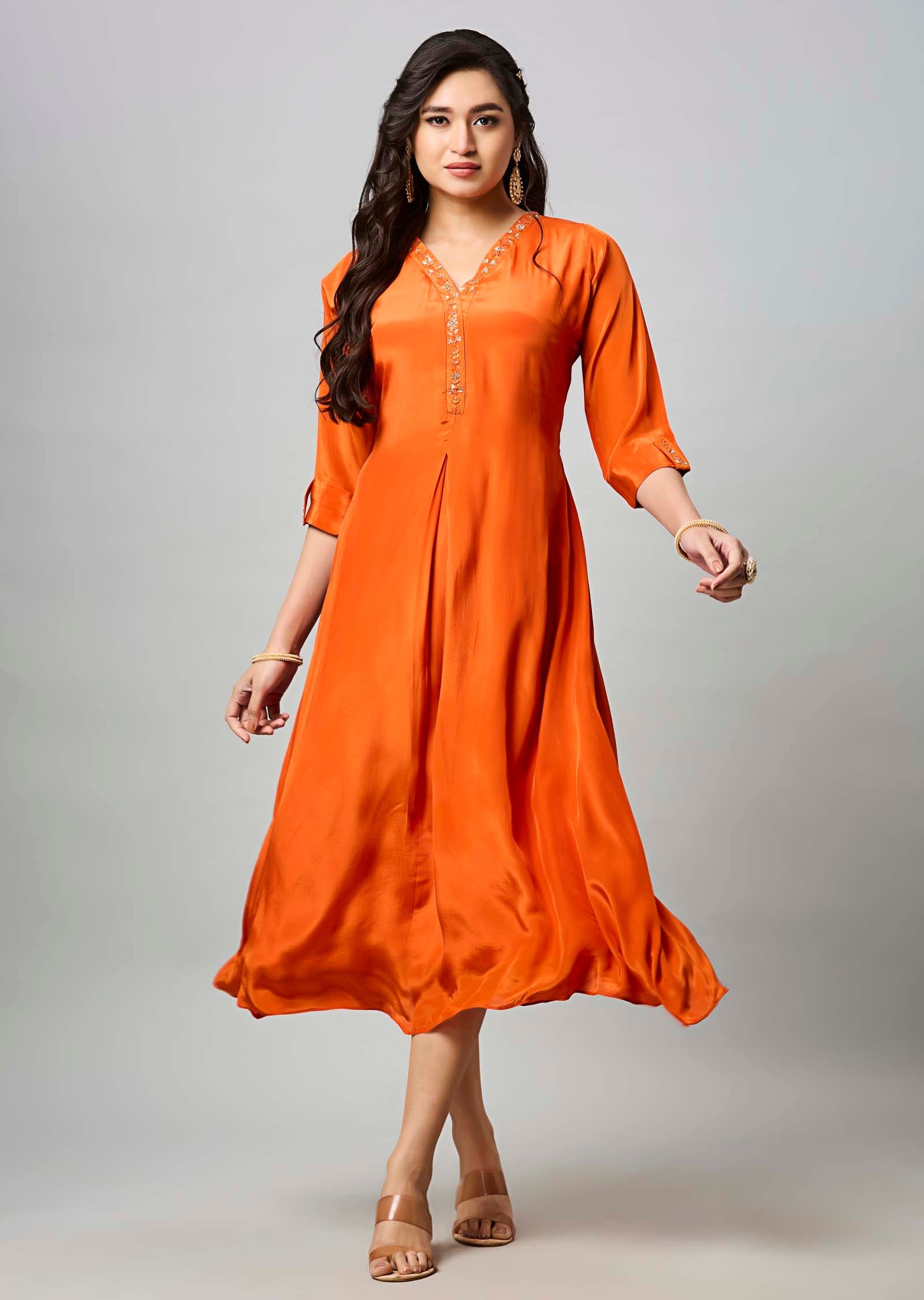 Orange Crepe Midi Dress