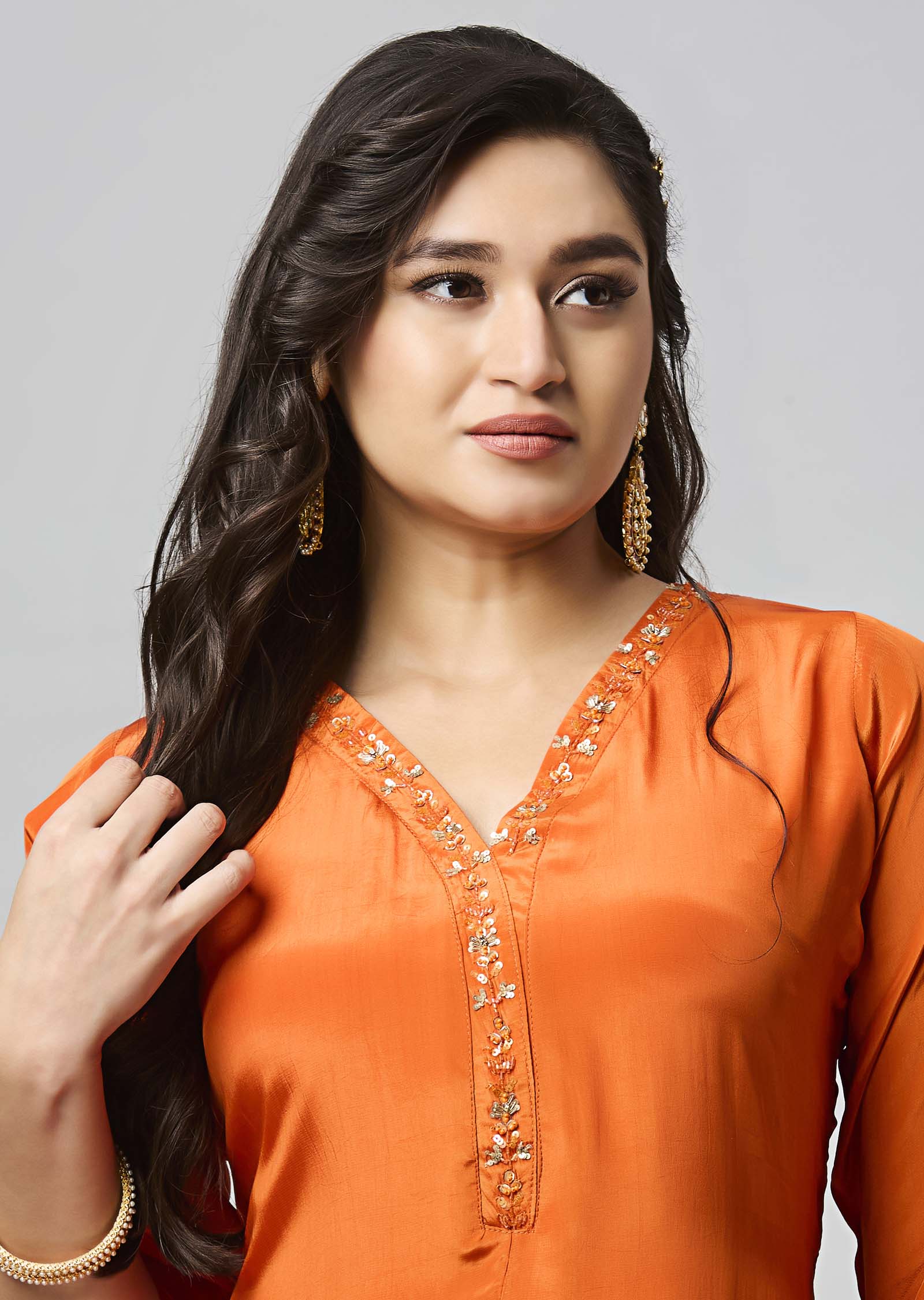 Orange Crepe Midi Dress